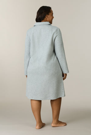 A lady wearing plus size Grey Heather Cotton Diamond Quilted Zip Robe back view