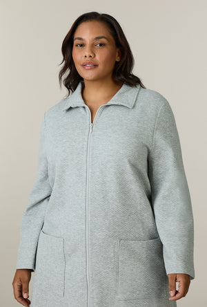 A lady wearing plus size Grey Heather Cotton Diamond Quilted Zip Robe closer look
