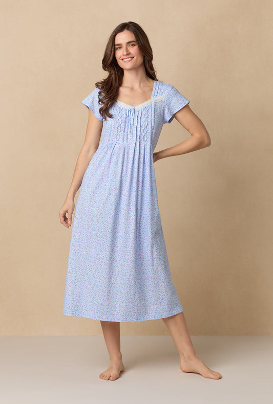A lady wearing Dreamy Ditsy Cap Sleeve Cotton Ballet Nightgown
