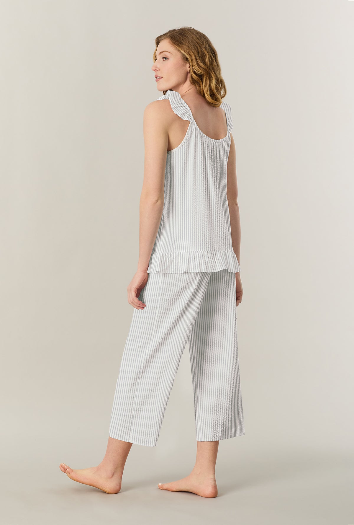 A lady wearing Grey Stripe Seersucker Culotte Pajama Set back view
