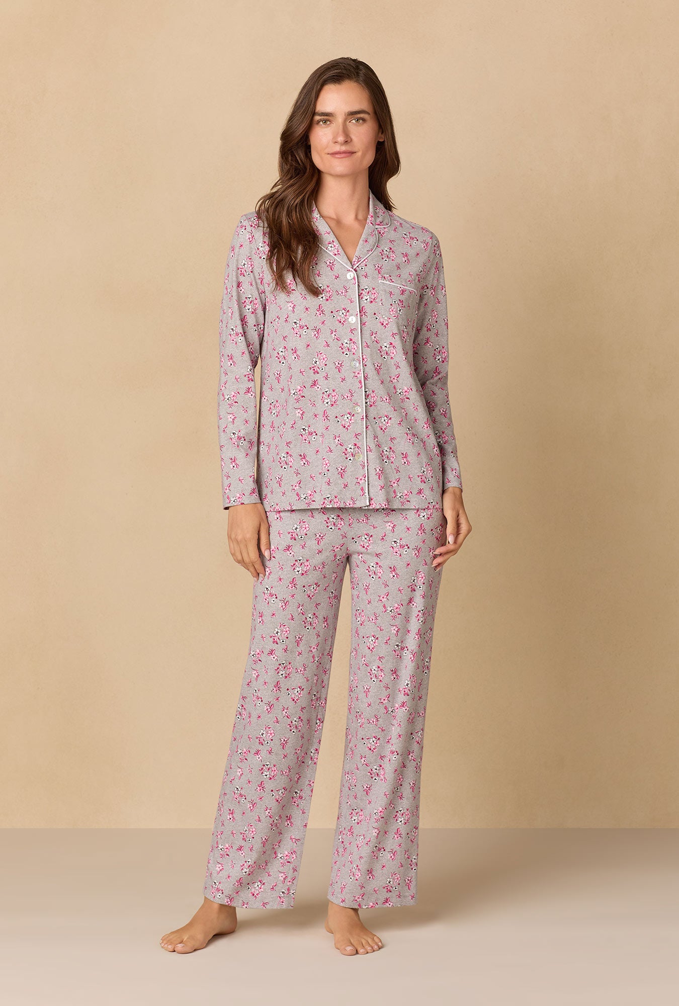 A lady wearing Holiday Floral Cotton Long Pajama Set