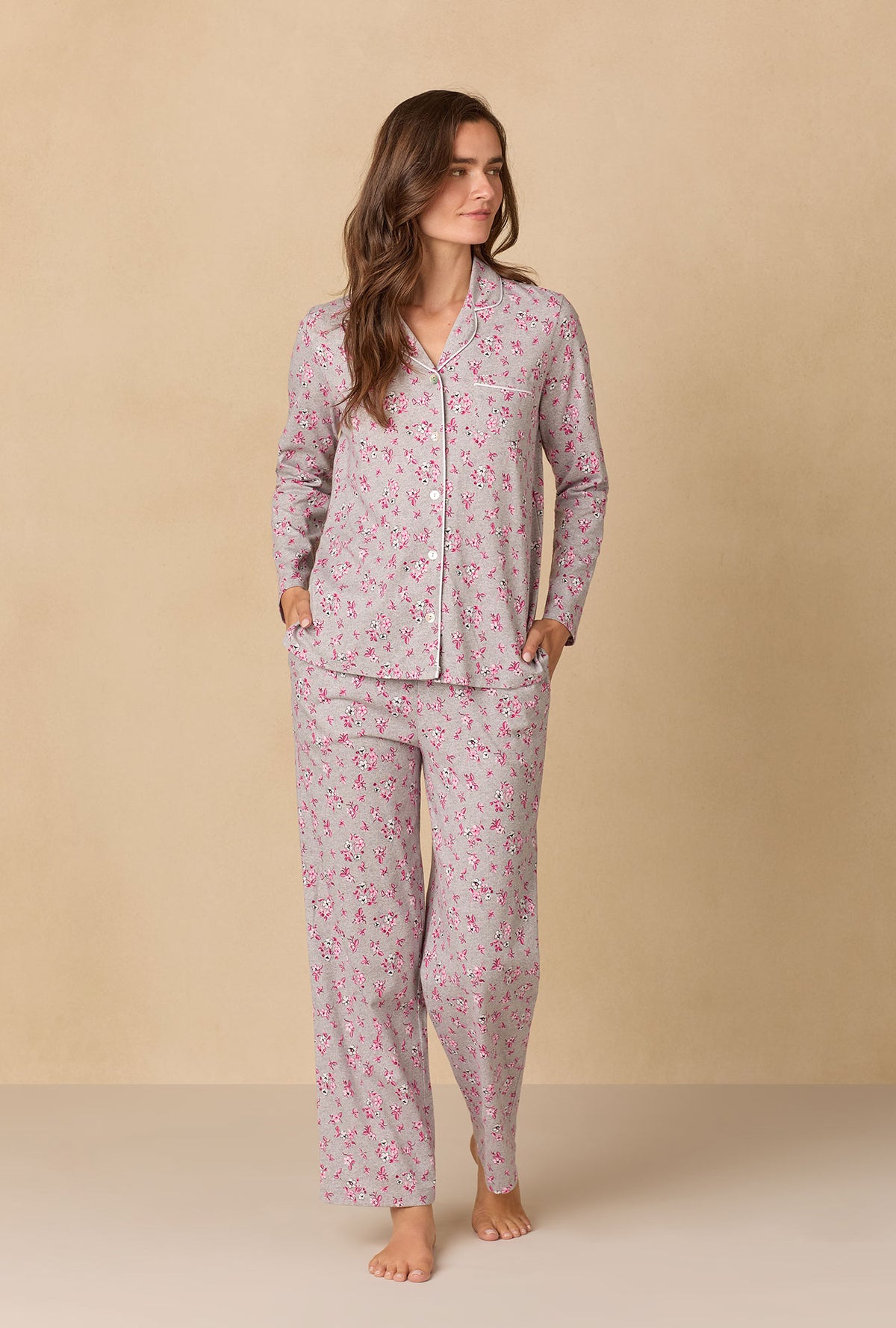 A lady wearing Holiday Floral Cotton Long Pajama Set