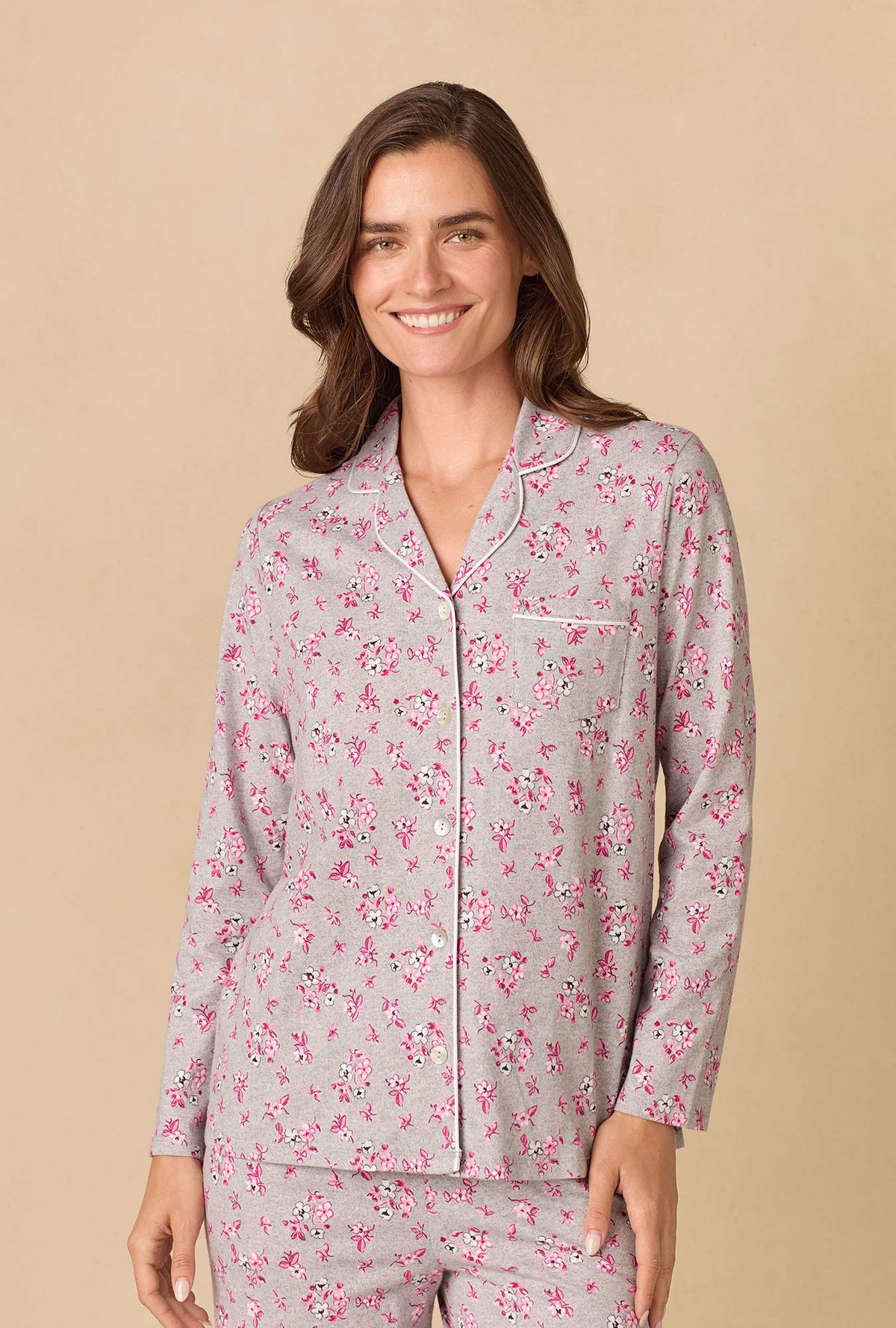 A lady wearing Holiday Floral Cotton Long Pajama Set