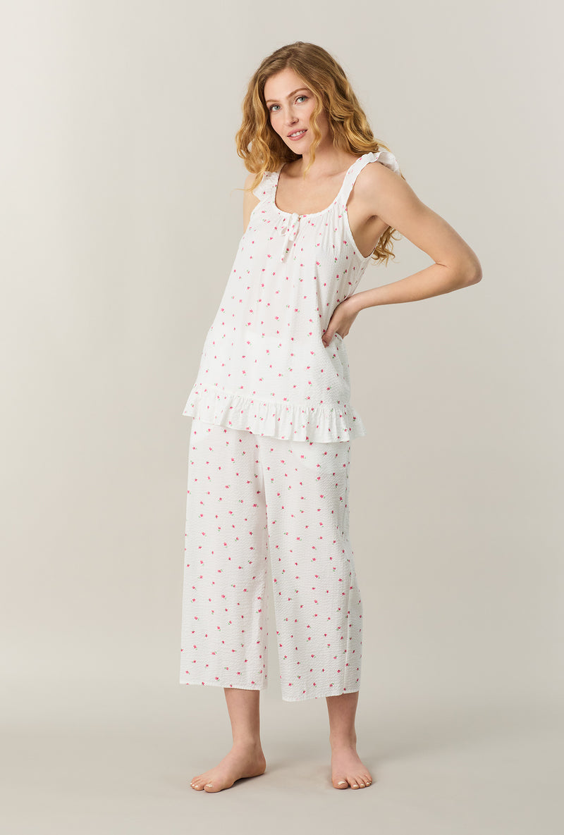 A lady wearing Fresh Petals Seersucker Culotte Pajama Set