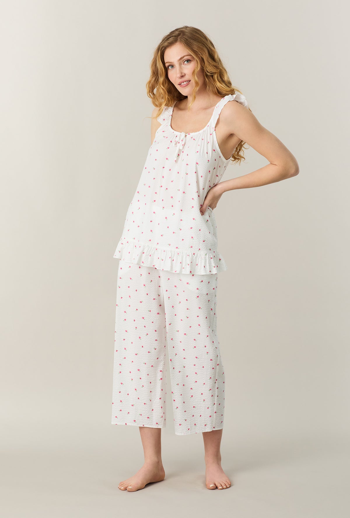 A lady wearing Fresh Petals Seersucker Culotte Pajama Set