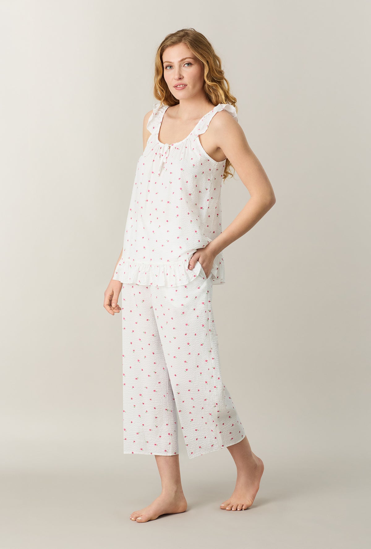 A lady wearing Fresh Petals Seersucker Culotte Pajama Set looking front