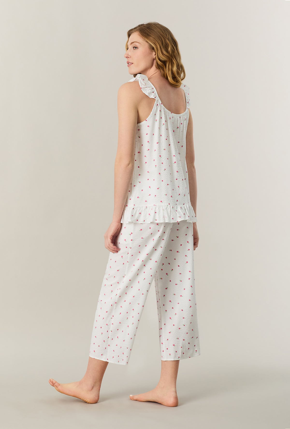 A lady wearing Fresh Petals Seersucker Culotte Pajama Set back view