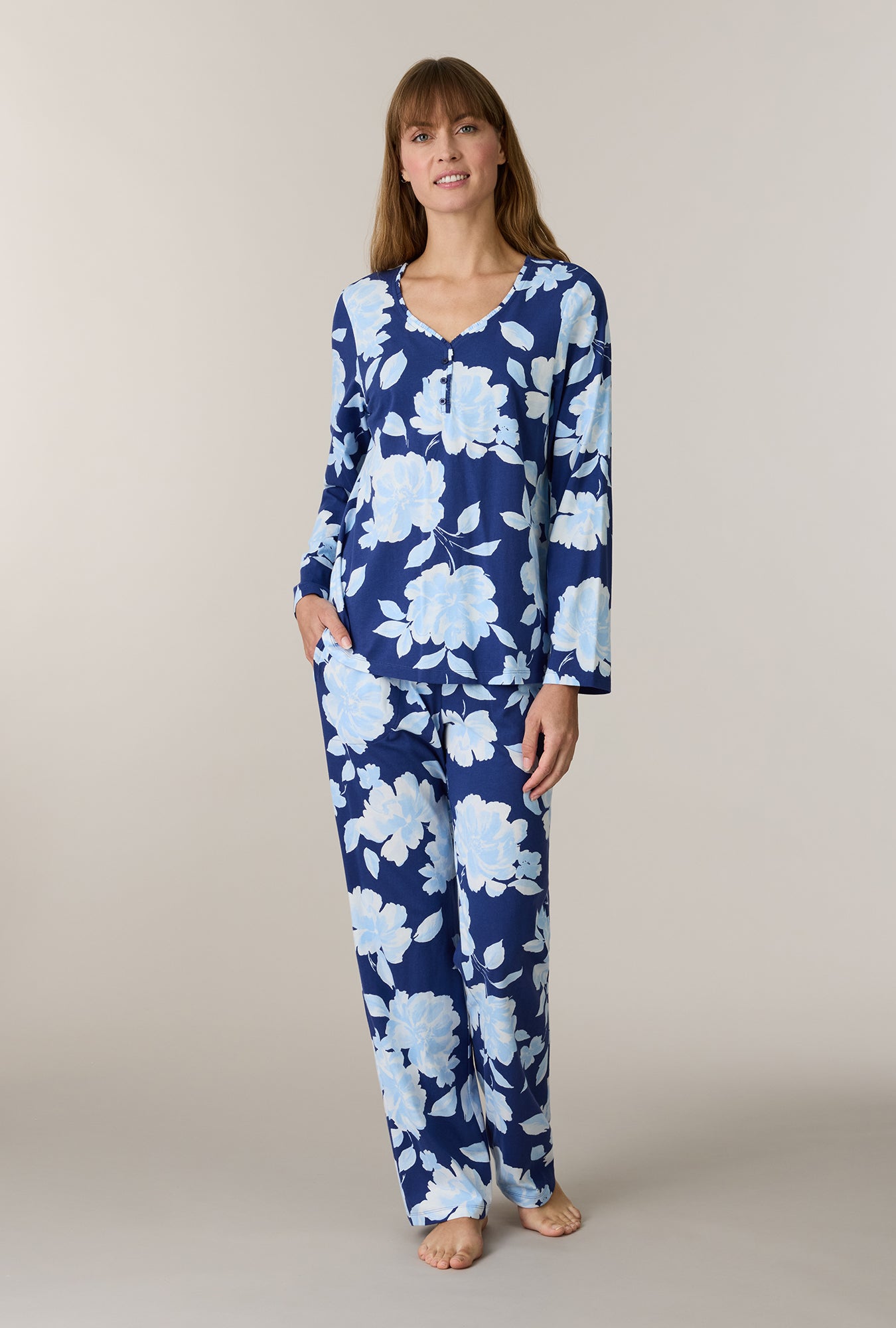 A lady wearing Coastal Blooms Cotton Long Pajama Set