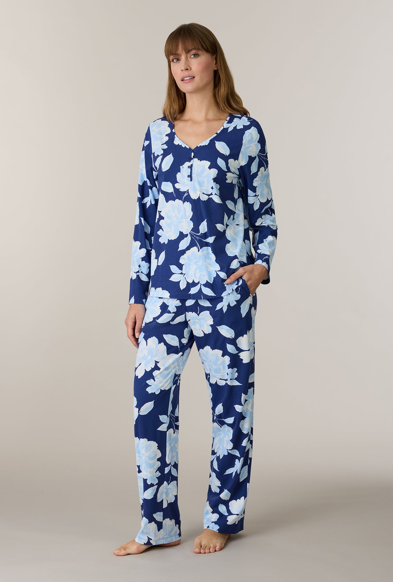 A lady wearing Coastal Blooms Cotton Long Pajama Set