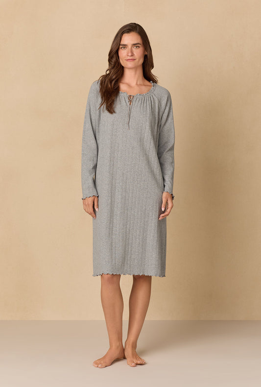 A lady wearing Heather Grey Pointelle Waltz Nightgown