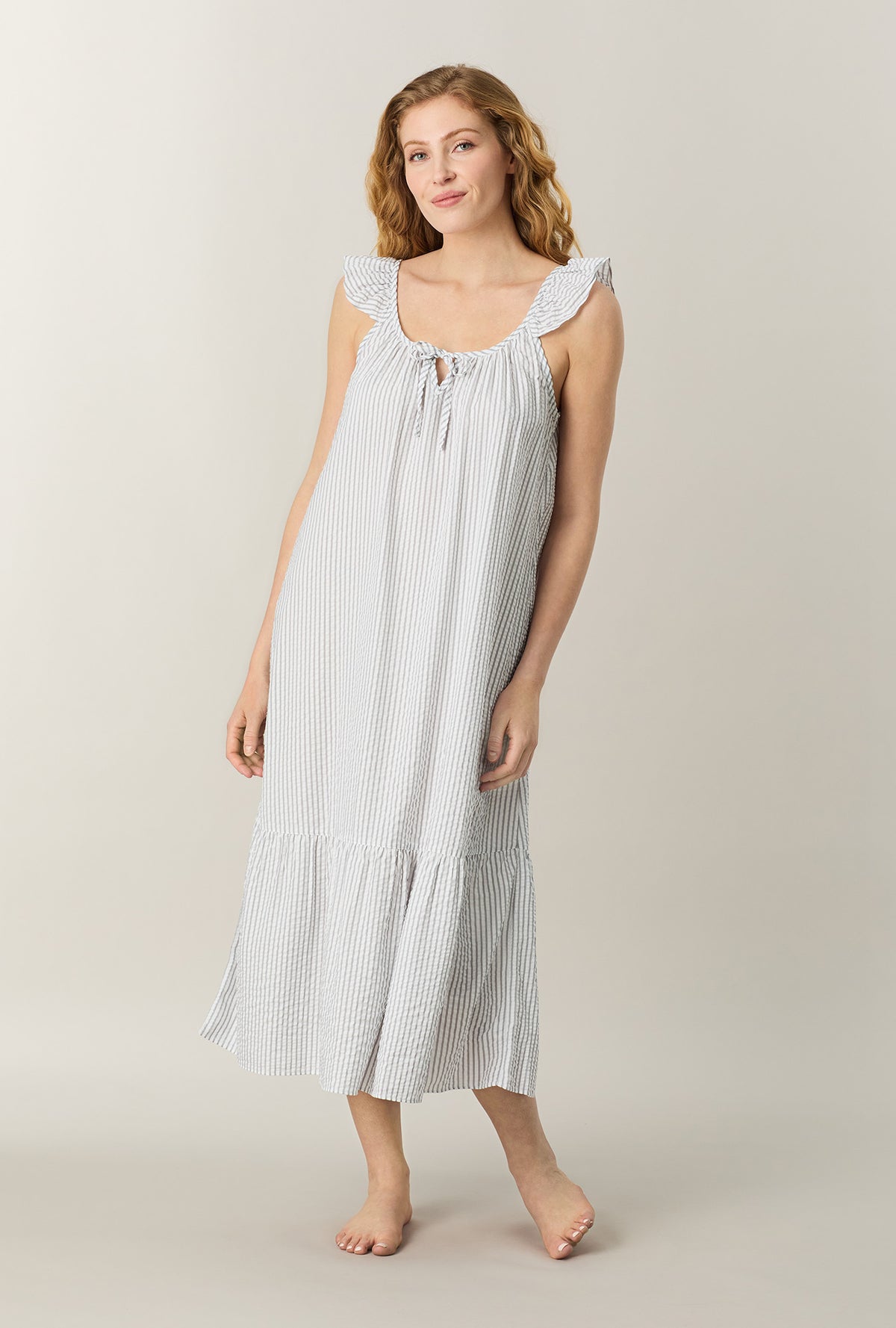 A lady wearing Grey Stripe Seersucker Midi Chemise