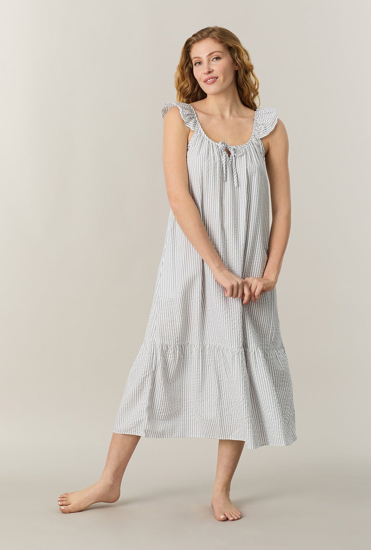 A lady wearing Grey Stripe Seersucker Midi Chemise looking front