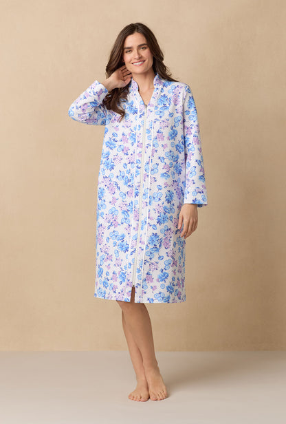 Purple Hydrangea; A lady wearing Purple Hydrangea 
long sleeve diamond quilted zip robe.