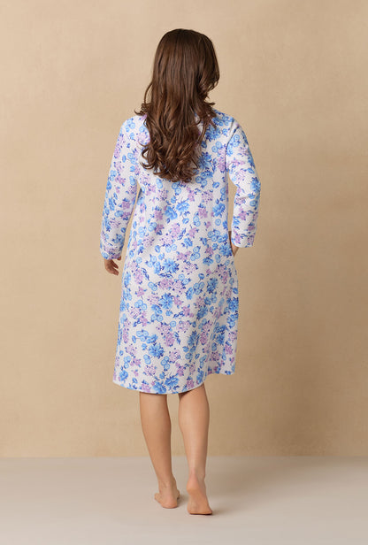 Purple Hydrangea; A lady wearing Purple Hydrangea 
long sleeve diamond quilted zip robe.