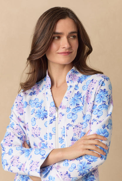 Purple Hydrangea; A lady wearing Purple Hydrangea 
long sleeve diamond quilted zip robe.