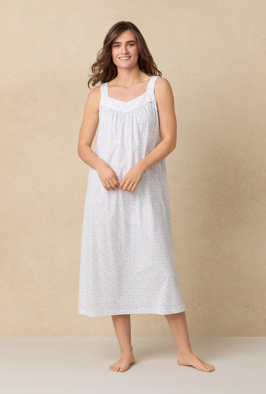 A lady wearing Viney Floral Cotton Ballet Nightgown