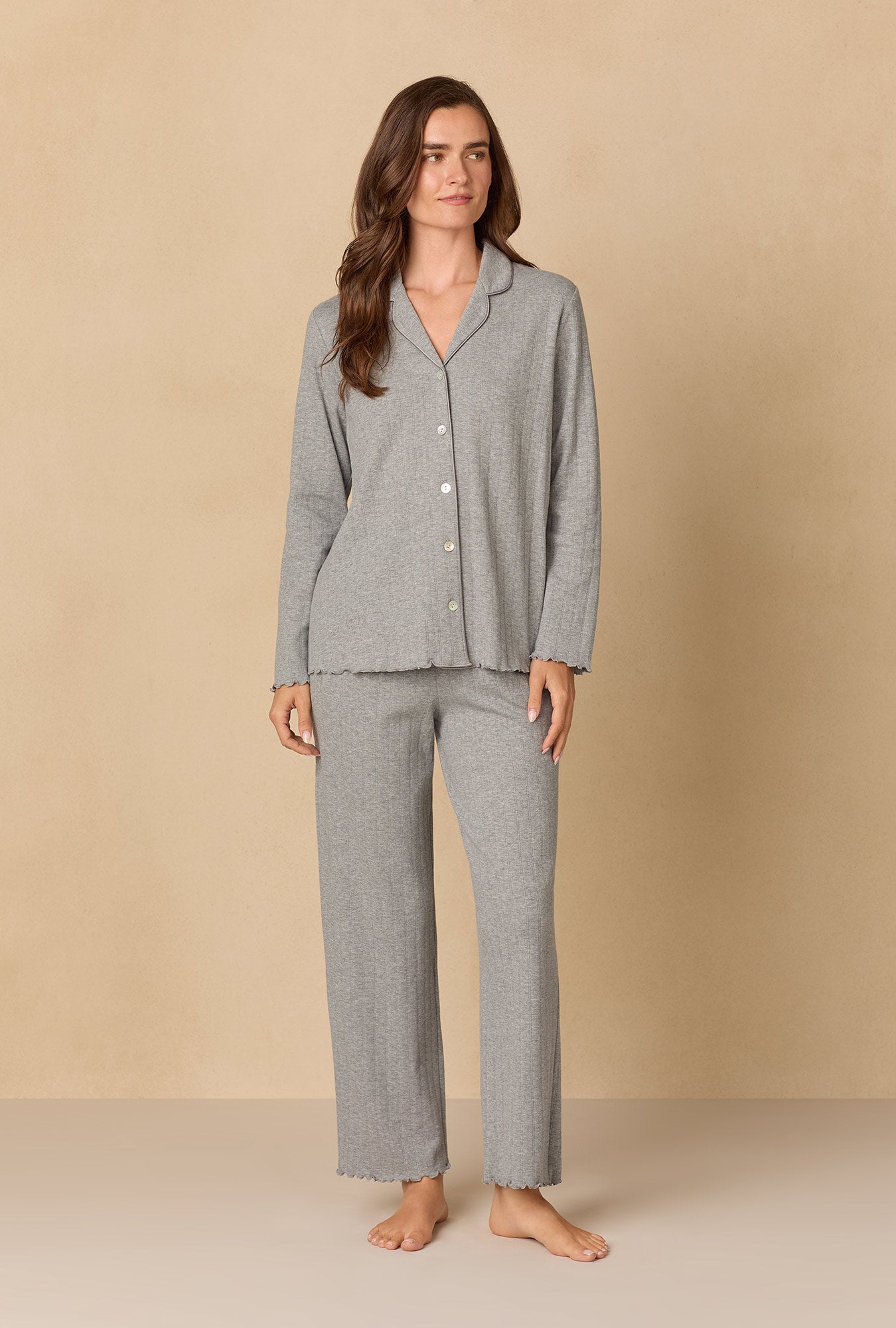 A lady wearing Heather Grey Pointelle Long Pajama Set