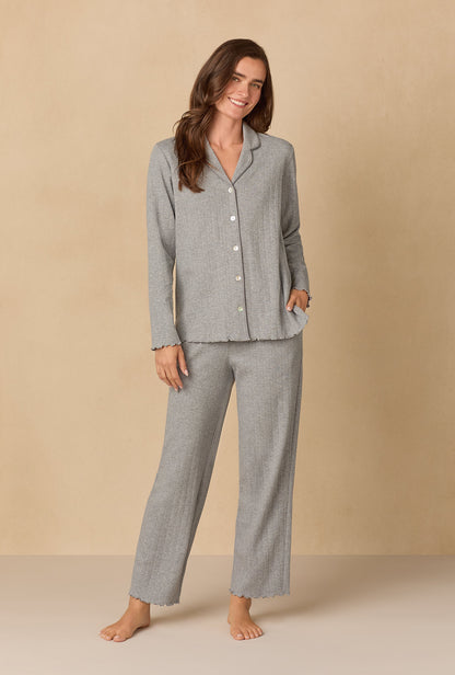 A lady wearing Heather Grey Pointelle Long Pajama Set