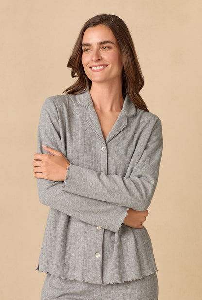 A lady wearing Heather Grey Pointelle Long Pajama Set