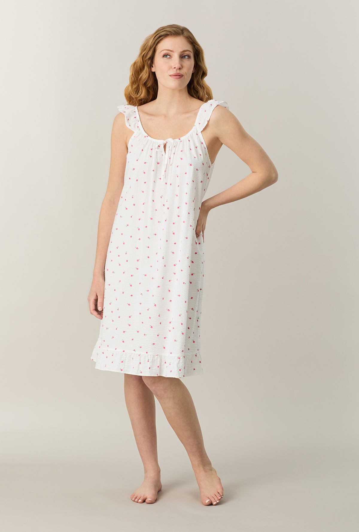A lady wearing Fresh Petals Seersucker Short Chemise