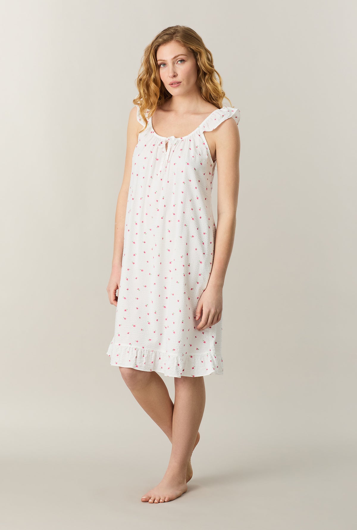 A lady wearing Fresh Petals Seersucker Short Chemise looking front