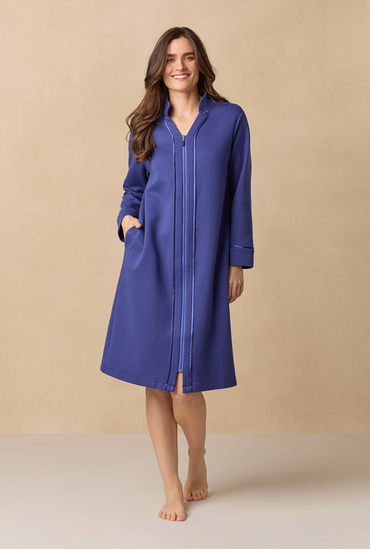 Navy Diamond Quilted Zip Robe