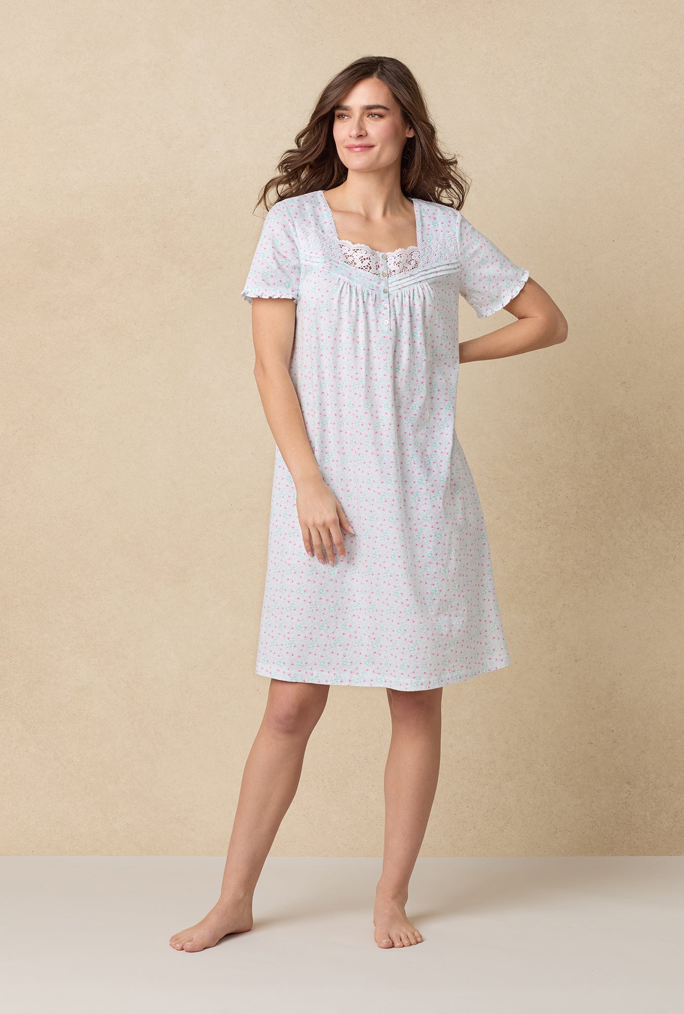 A lady wearing Viney Floral Cotton Waltz Nightgown