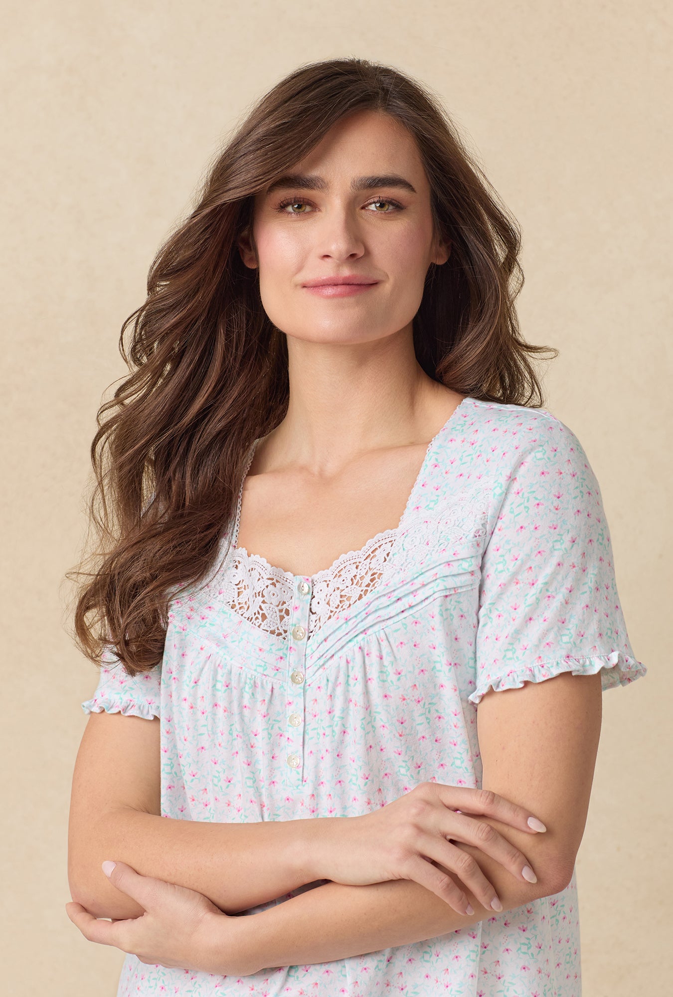 A lady wearing Viney Floral Cotton Waltz Nightgown