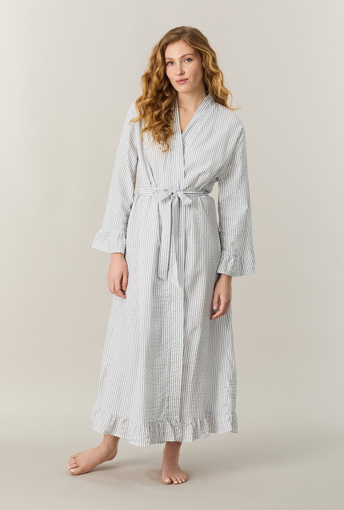 A lady wearing Grey Stripe Seersucker Long Robe