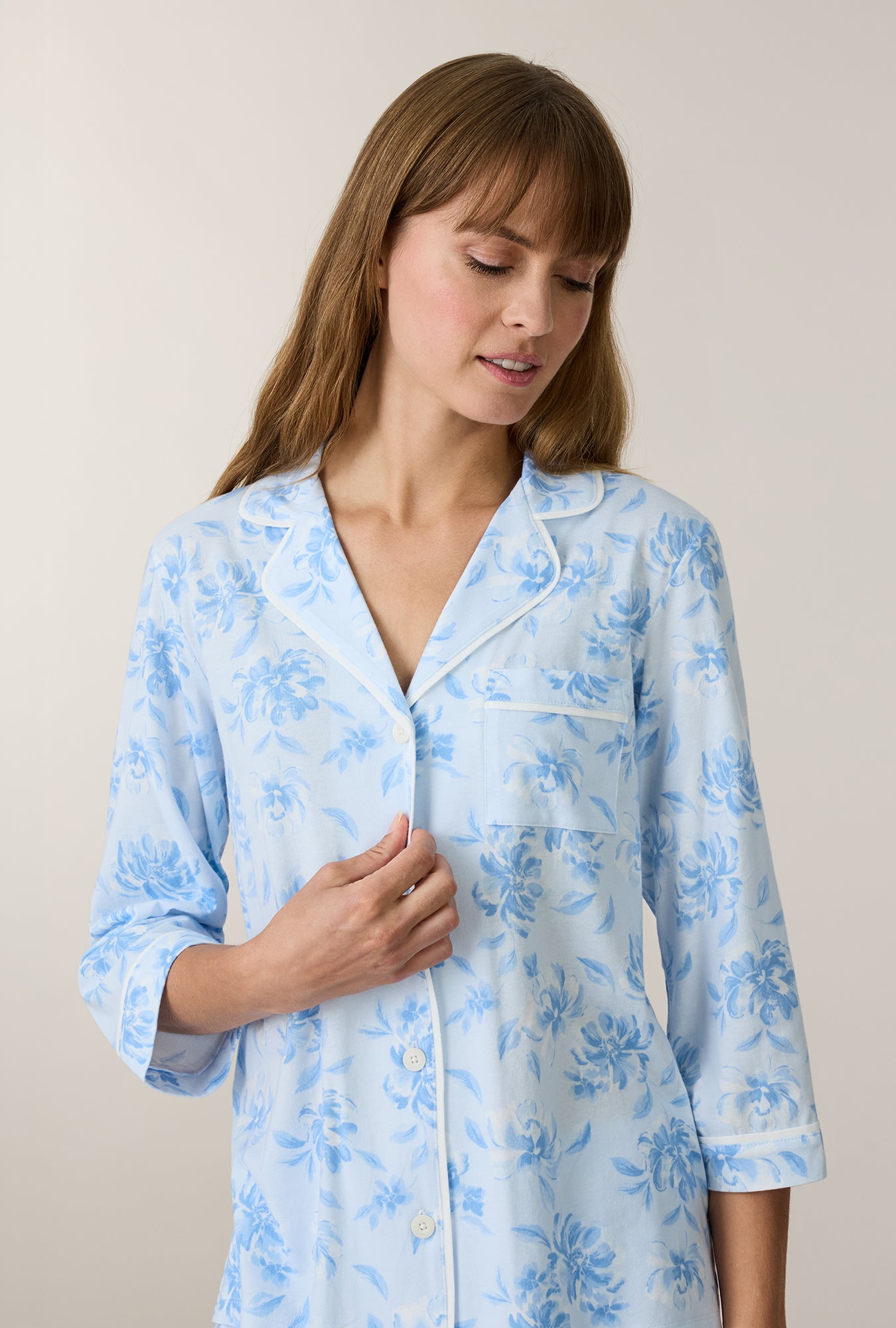 A lady wearing Garden Mist Cotton Notch Collar Long Pajama Set closer look