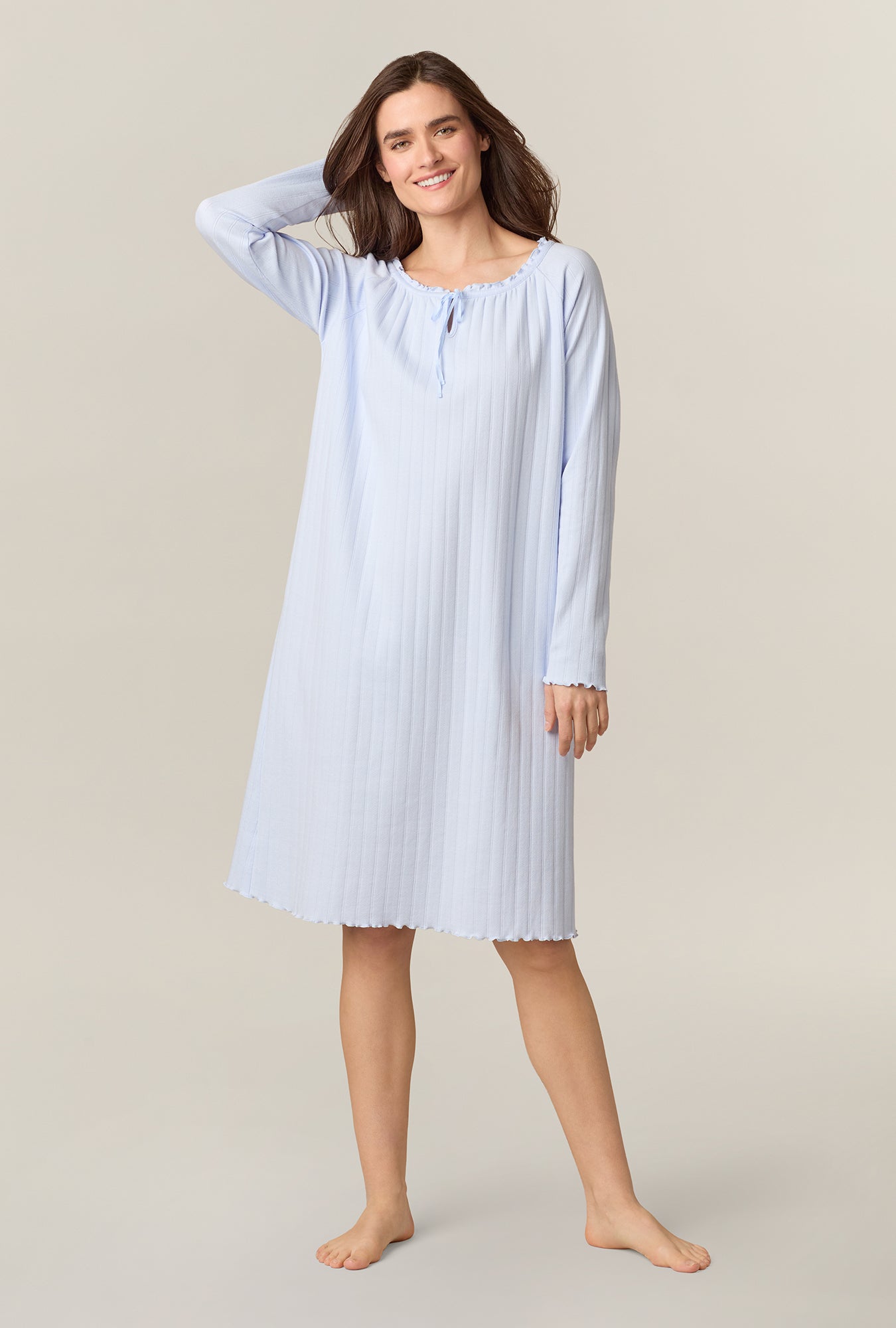 A lady wearing Sweet Blue Cotton Pointelle Waltz Nightgown