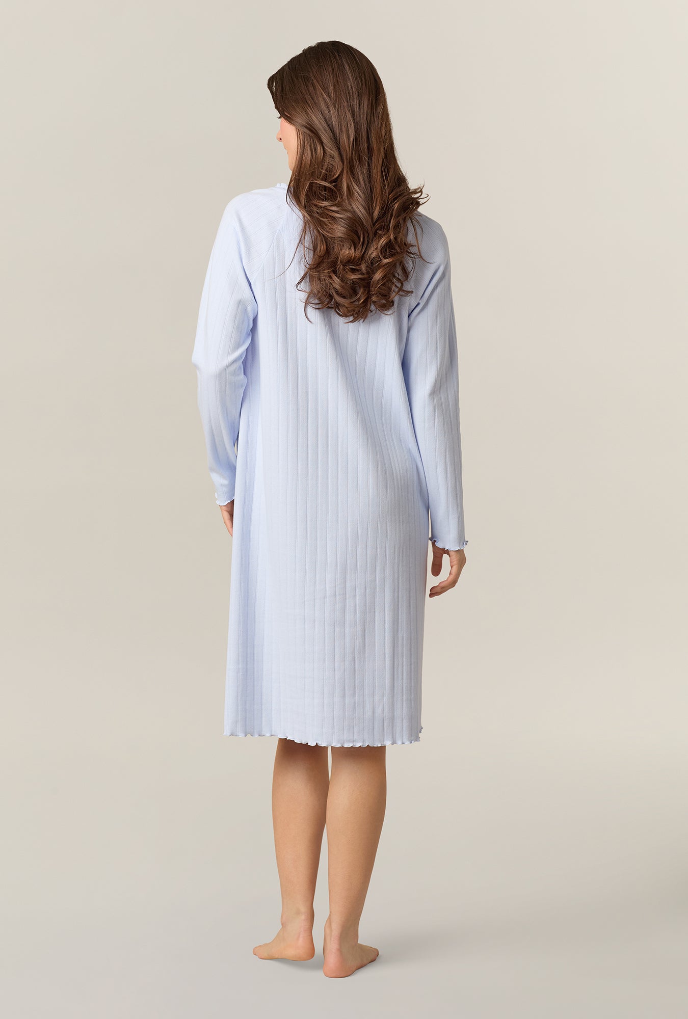 A lady wearing Sweet Blue Cotton Pointelle Waltz Nightgown