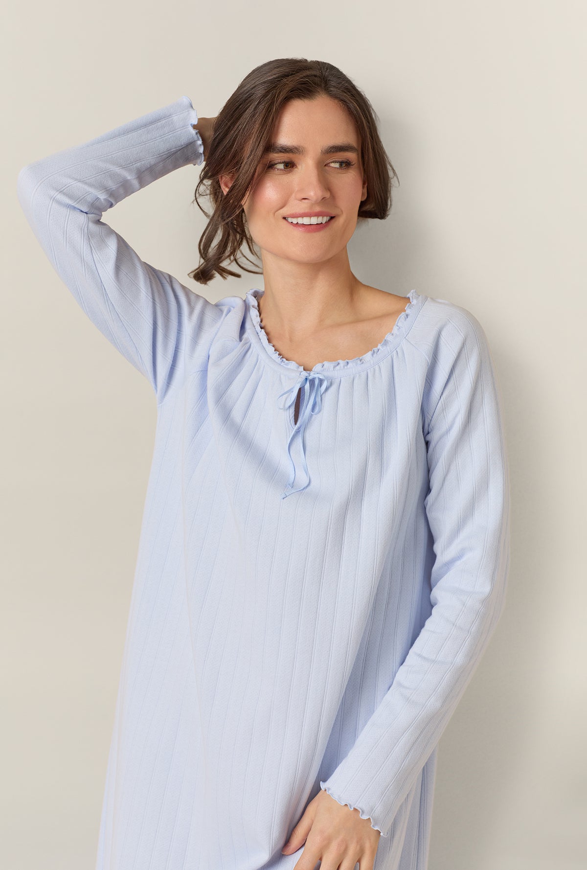 A lady wearing Sweet Blue Cotton Pointelle Waltz Nightgown