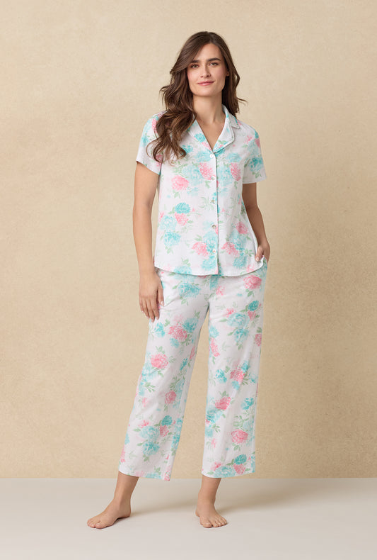 A lady wearing Precious Peony Cotton Capri Pajama Set