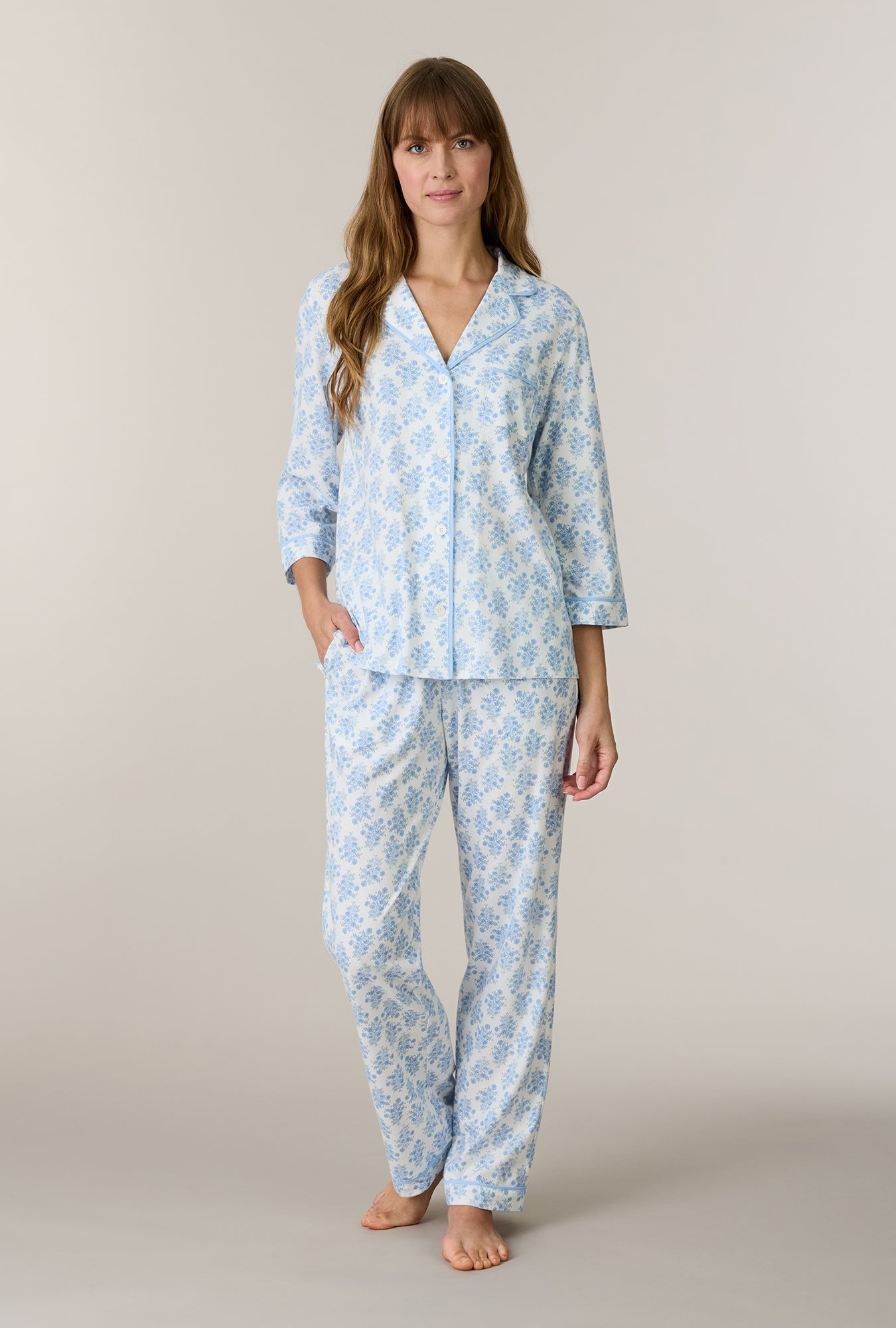 A lady wearing Hertiage Bouquet Cotton Notch Collar Long Pajama Set