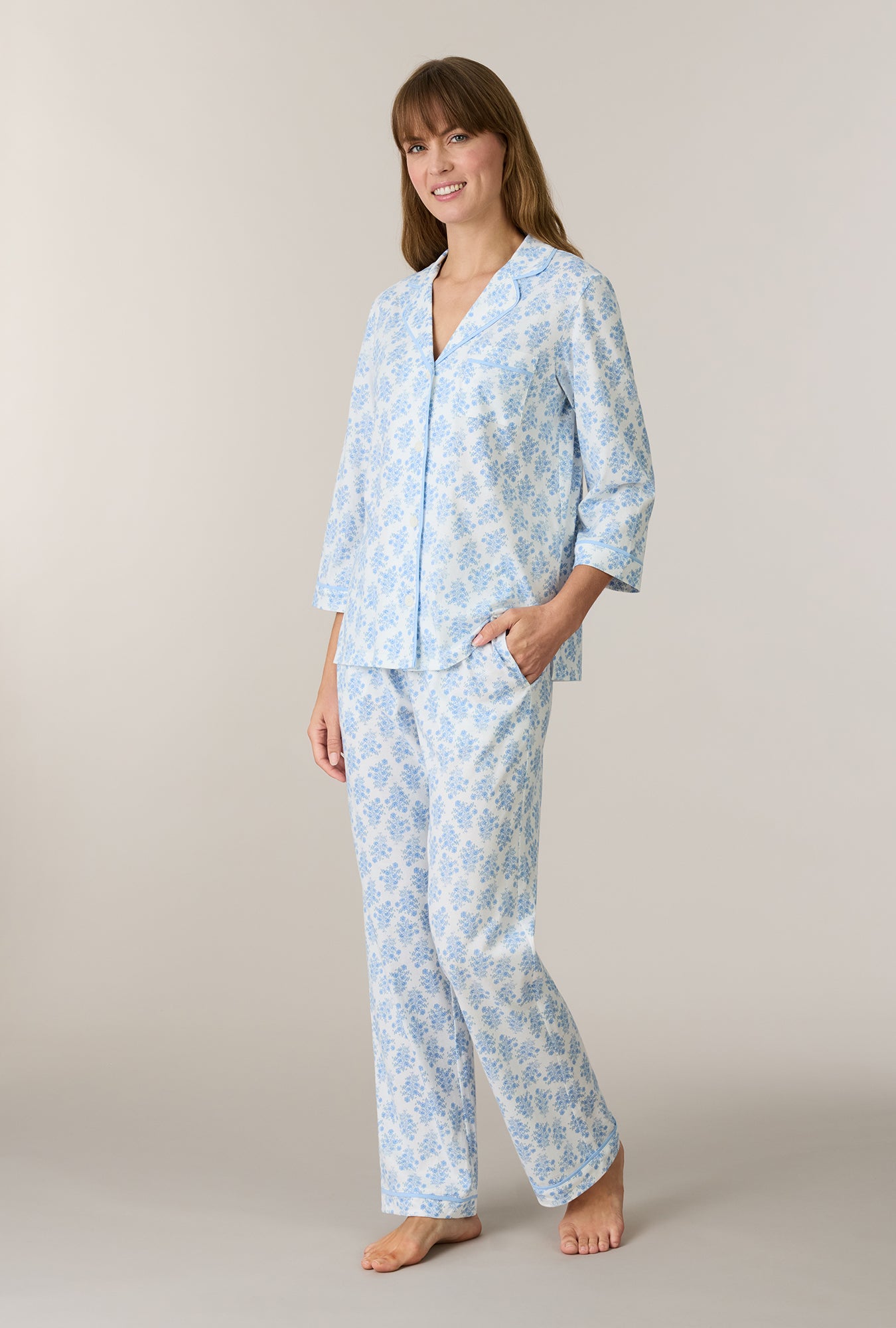 A lady wearing Hertiage Bouquet Cotton Notch Collar Long Pajama Set