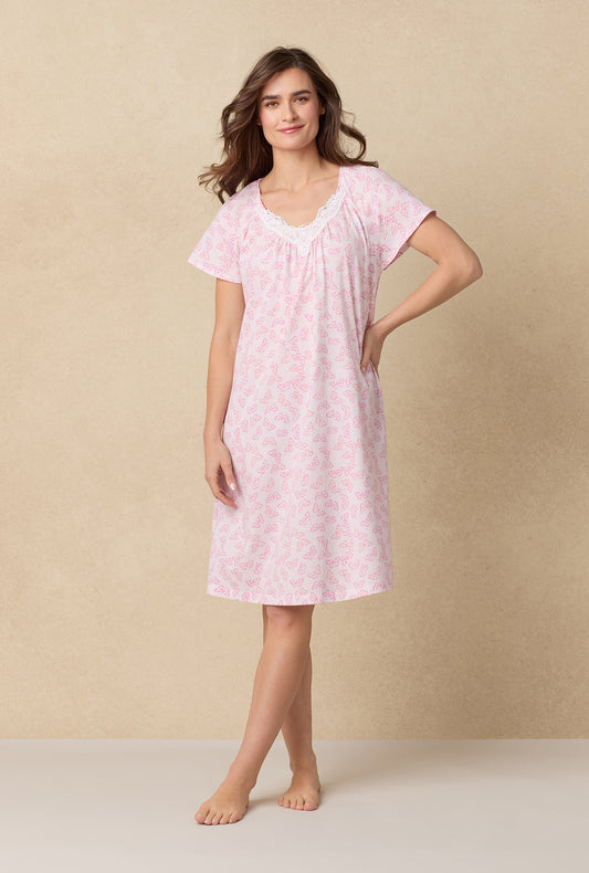 A lady wearing Pink Butterfly Cotton Waltz Nightgown