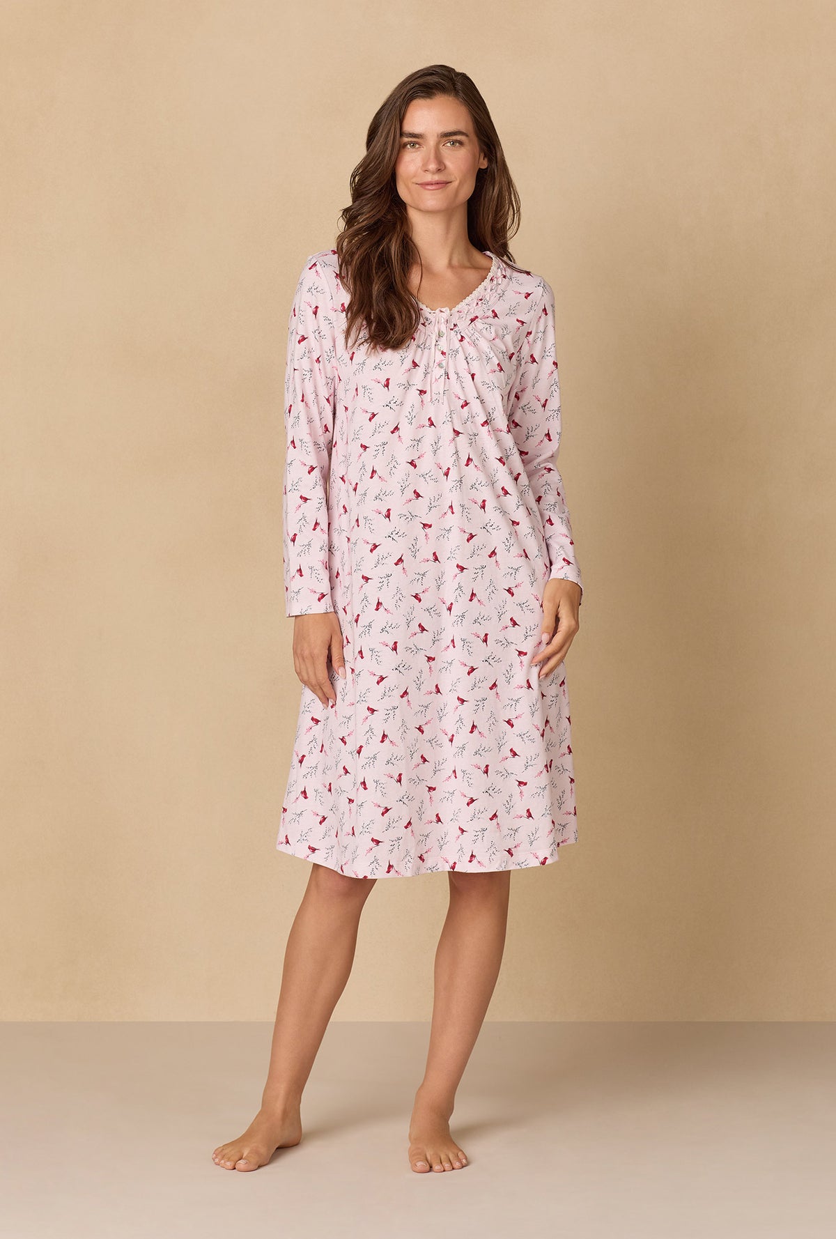 A lady wearing New Cardinal Cotton Waltz Nightgown