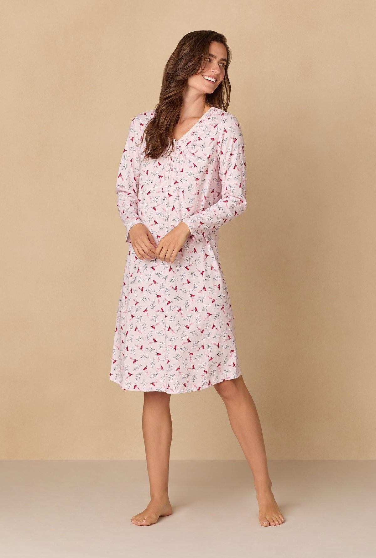 A lady wearing New Cardinal Cotton Waltz Nightgown