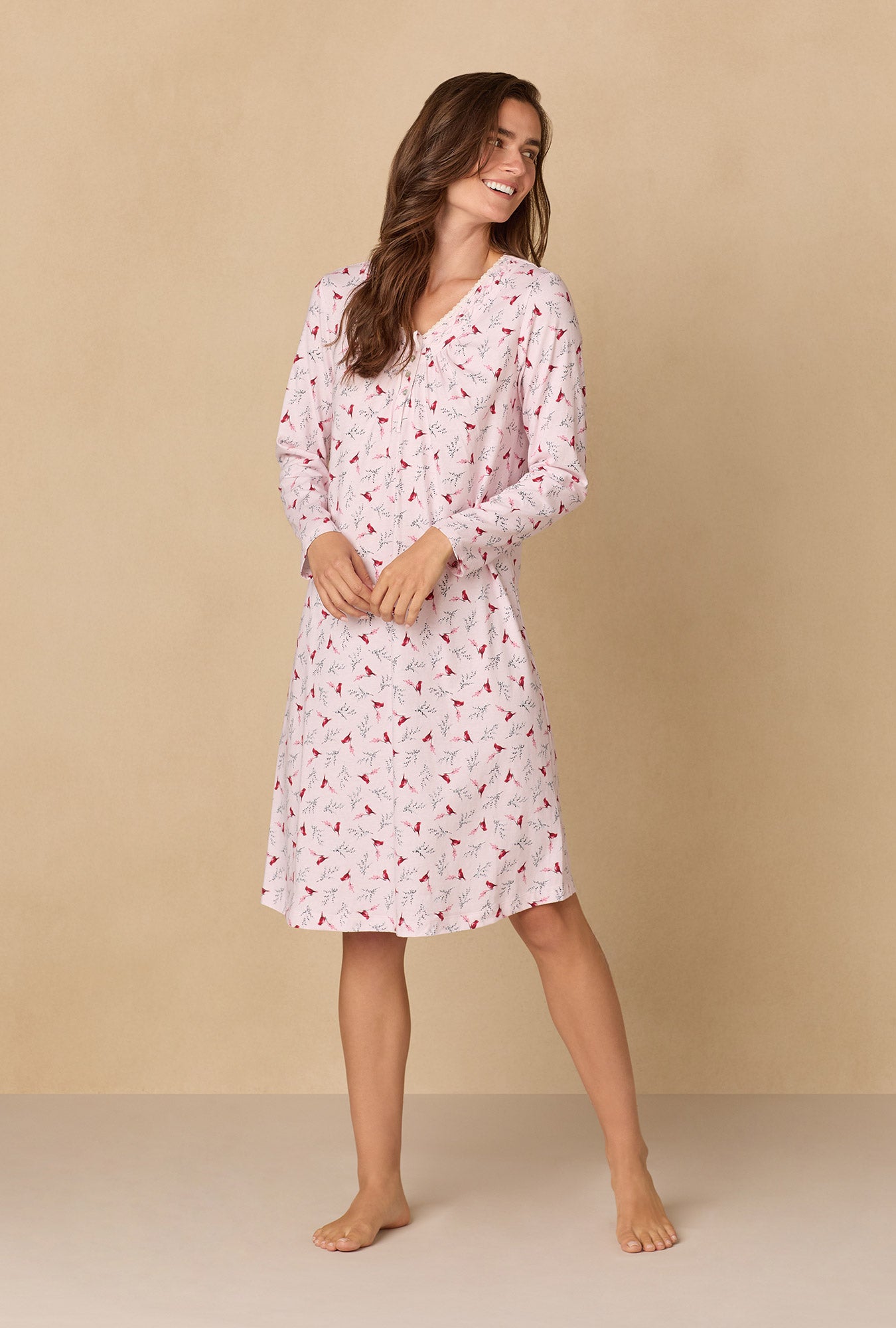 A lady wearing New Cardinal Cotton Waltz Nightgown