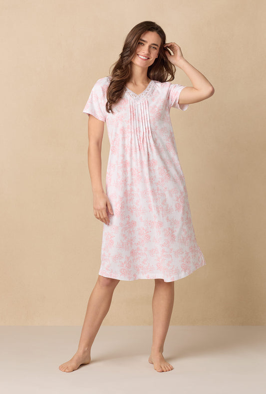 A lady wearing Coral Toile Waltz Cotton Knit Nightgown