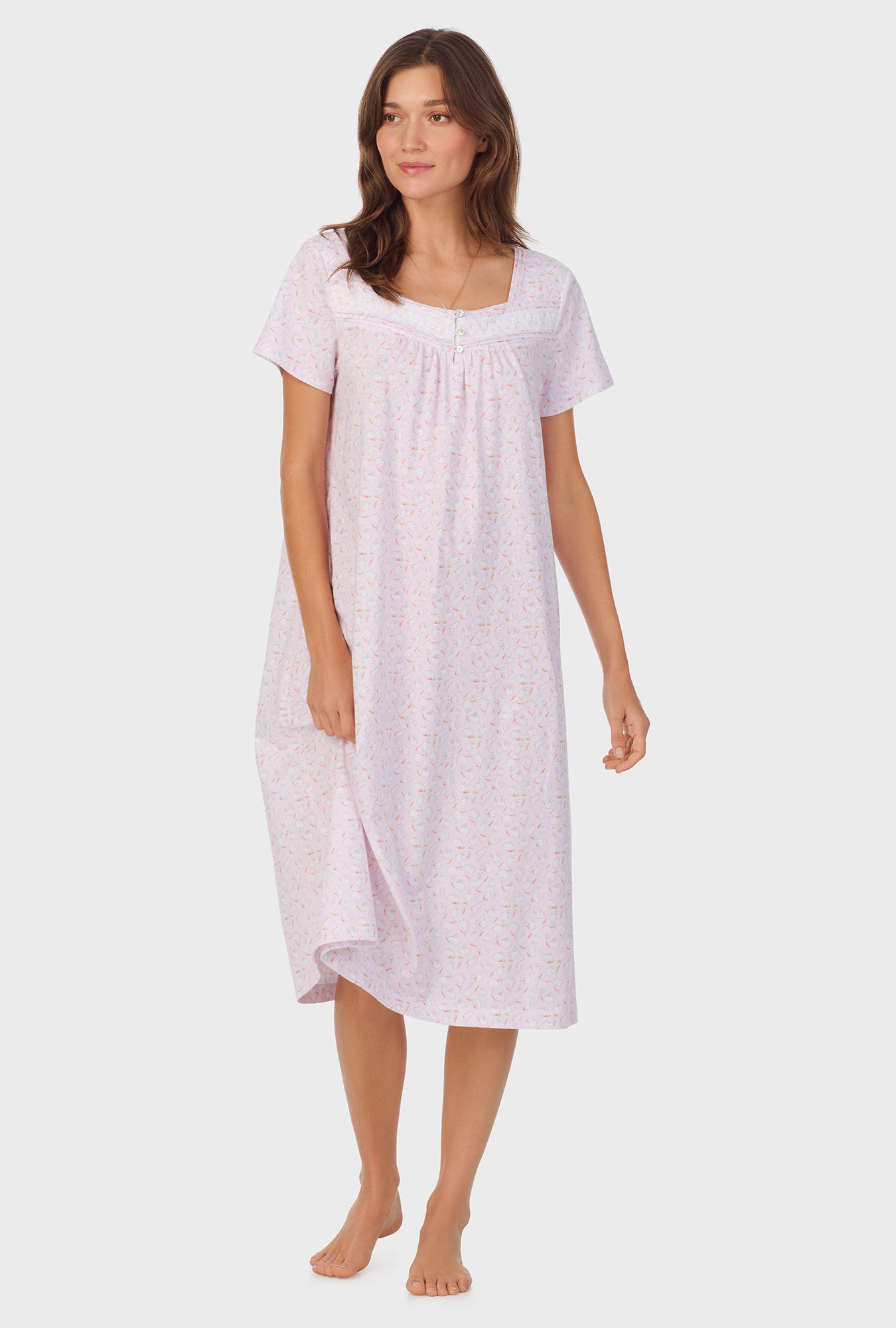 A lady wearing Sweet Bunny Cap Sleeve Cotton Waltz Nightgown