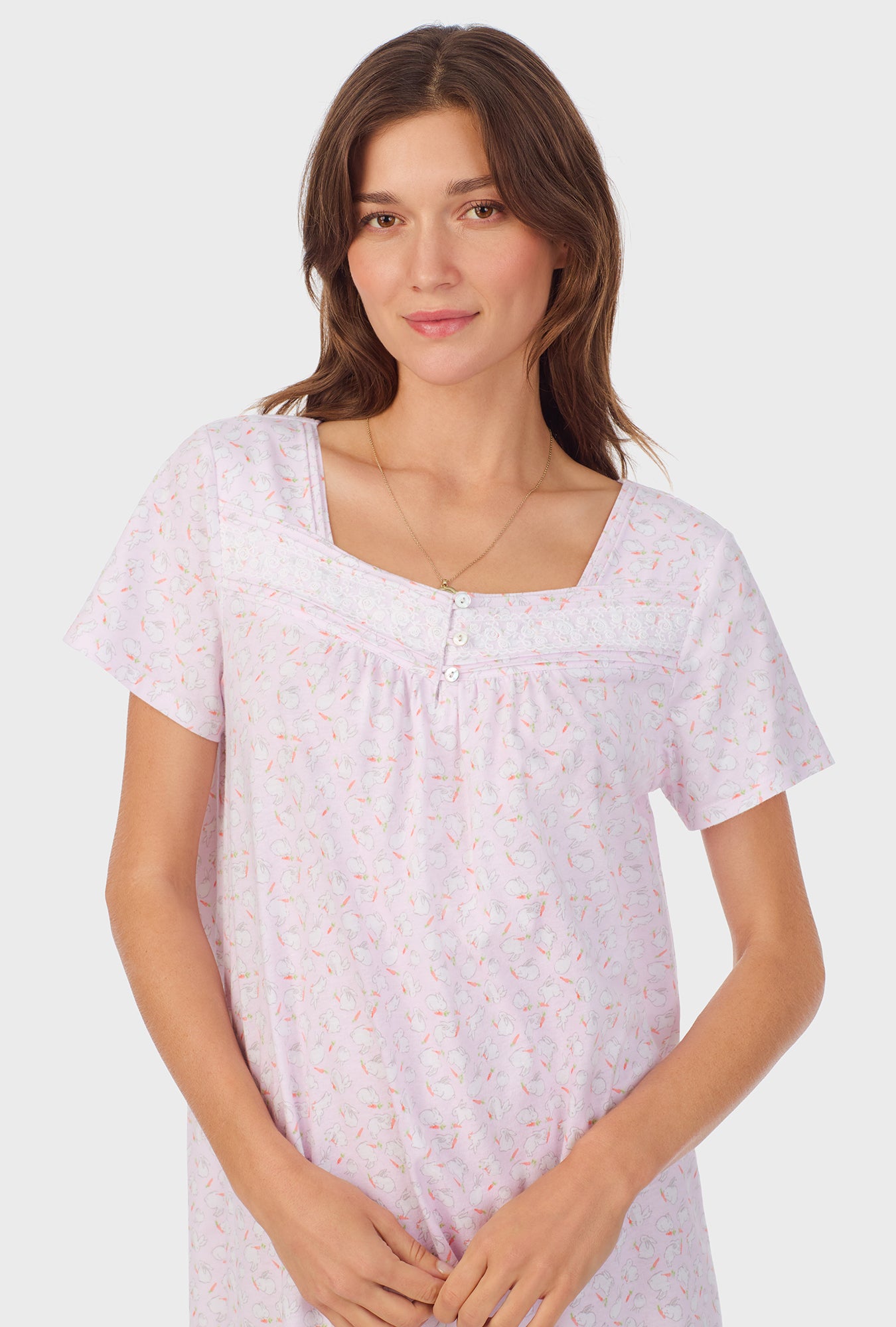 A lady wearing Sweet Bunny Cap Sleeve Cotton Waltz Nightgown