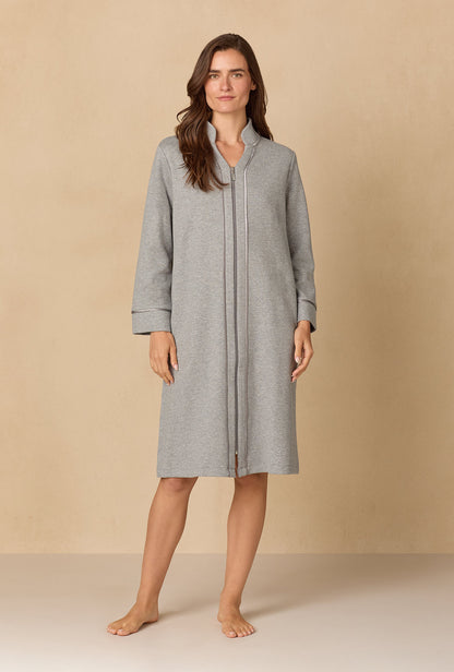 A lady wearing Heather Grey Diamond Quilted Zip Robe