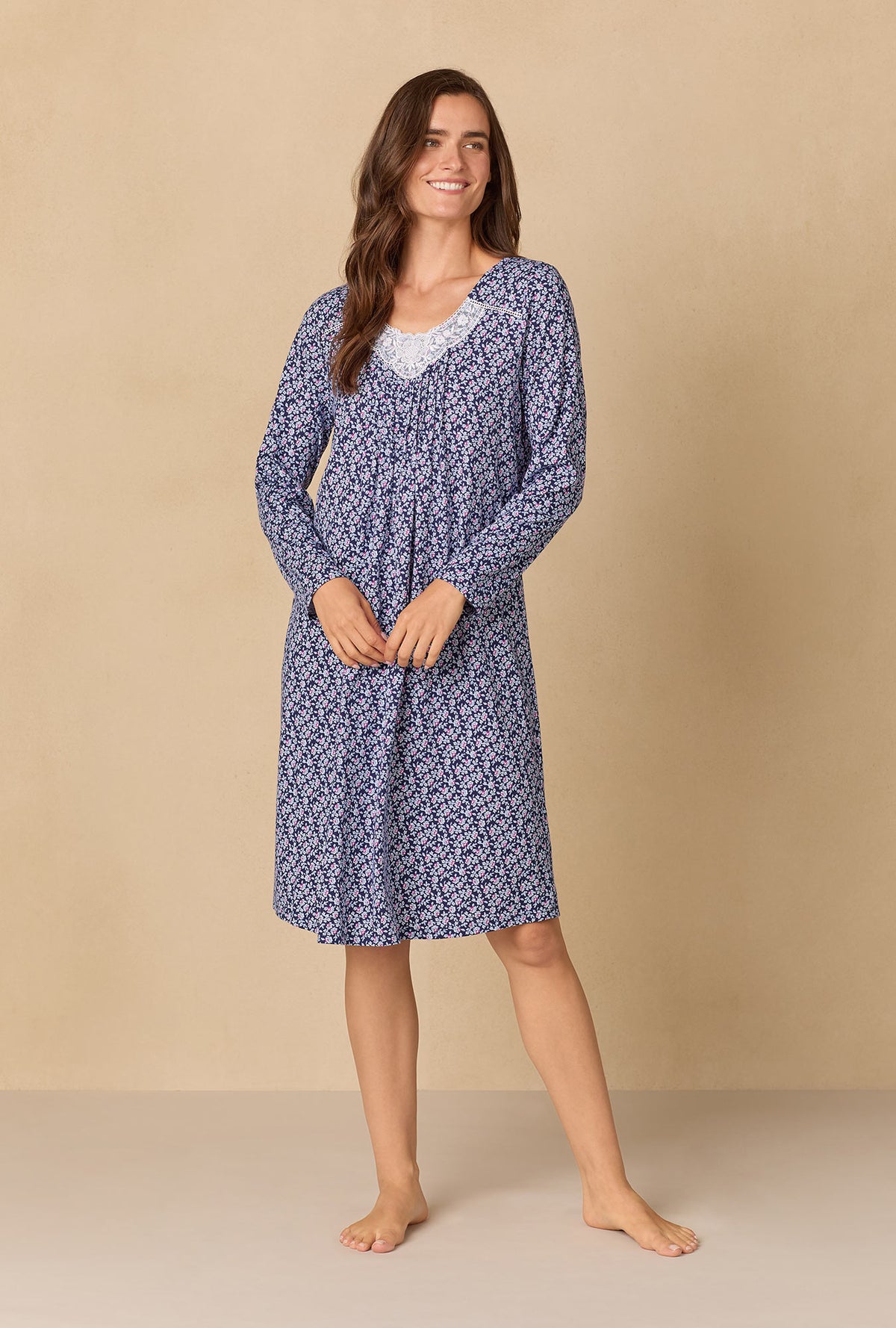 A lady wearing Navy Reverie Ditsy Waltz Cotton Knit Nightgown