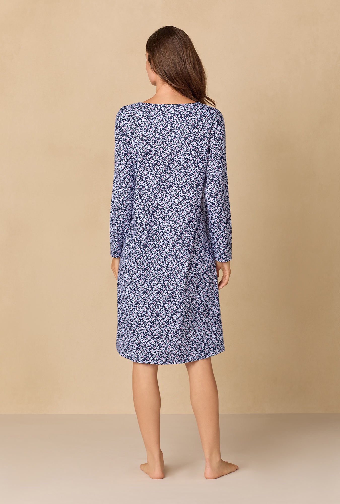 A lady wearing Navy Reverie Ditsy Waltz Cotton Knit Nightgown