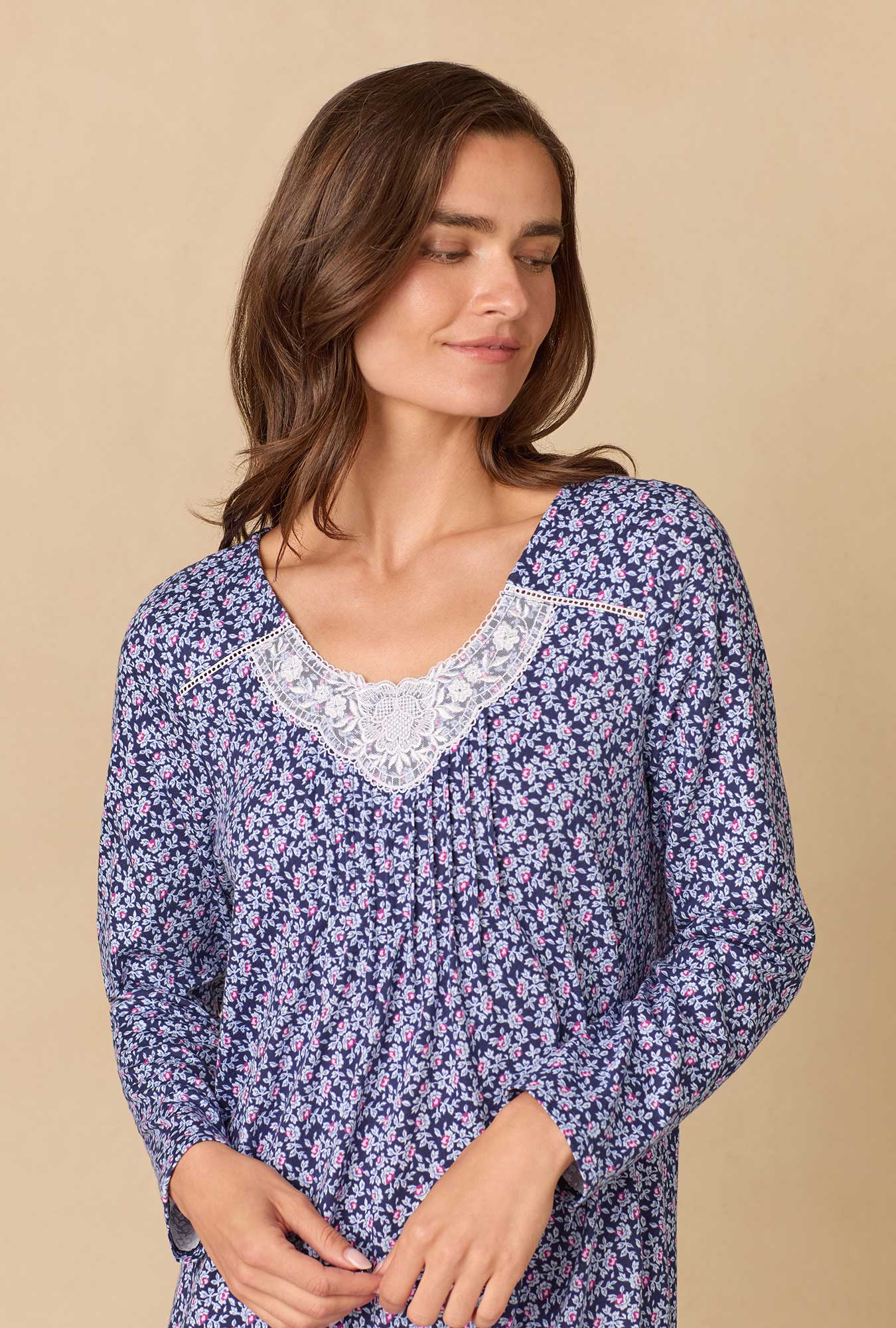 A lady wearing Navy Reverie Ditsy Waltz Cotton Knit Nightgown