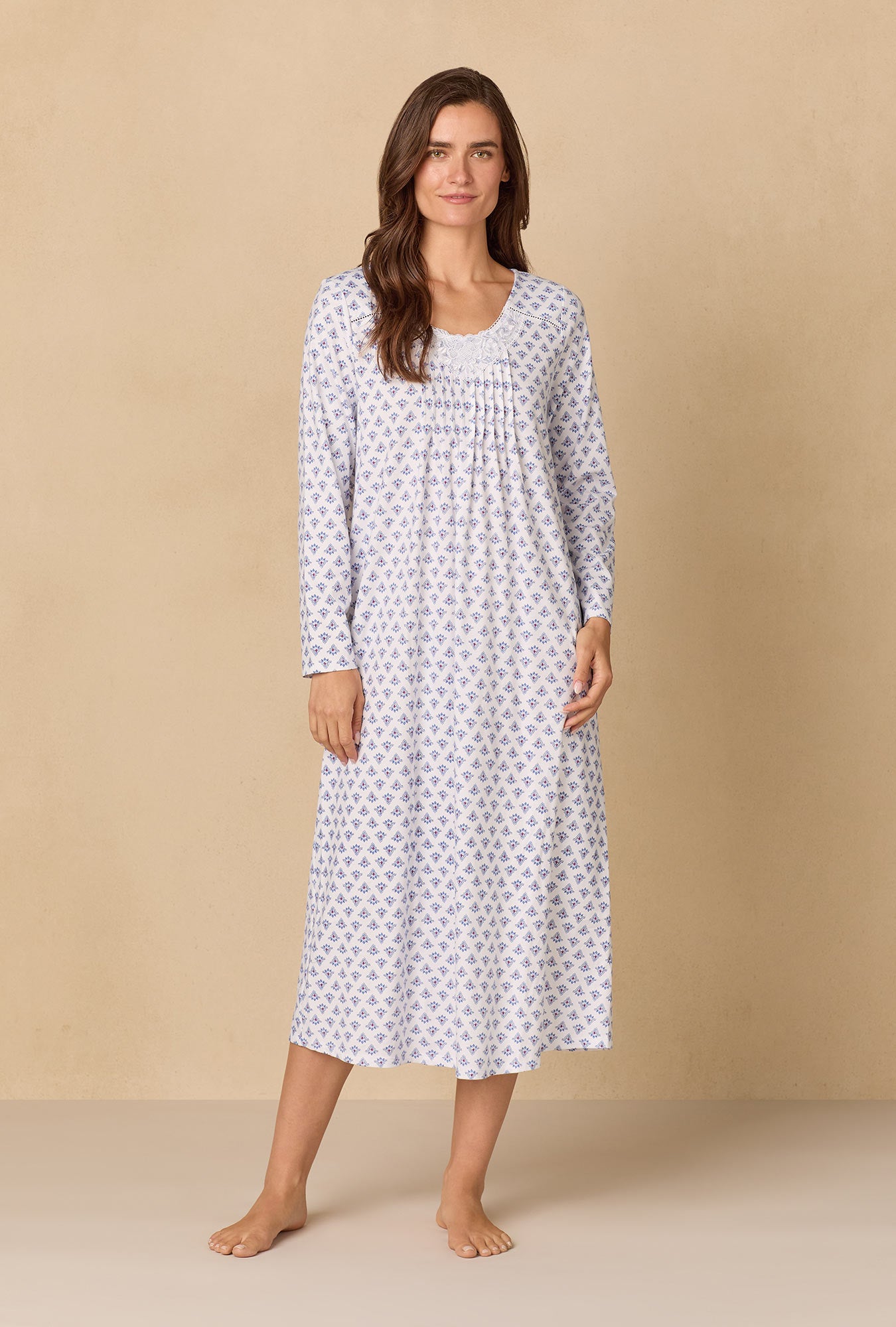 A lady wearing Blue Medallion Ballet Cotton Knit Nightgown