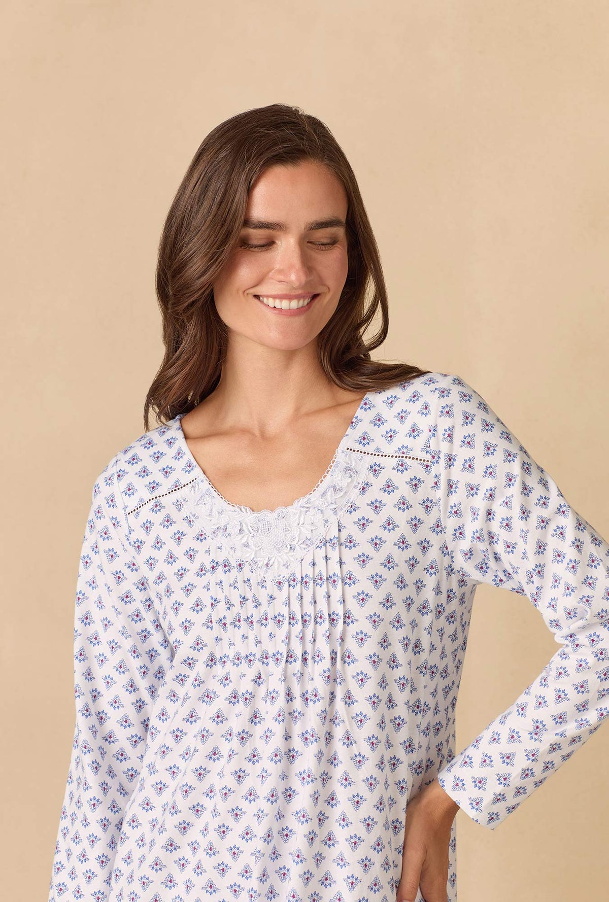 A lady wearing Blue Medallion Ballet Cotton Knit Nightgown