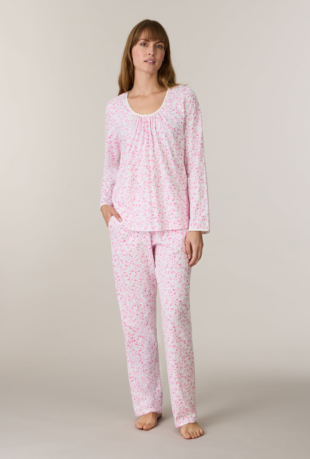 A lady wearing Sweet Rosebuds Cotton Long Pajama Set